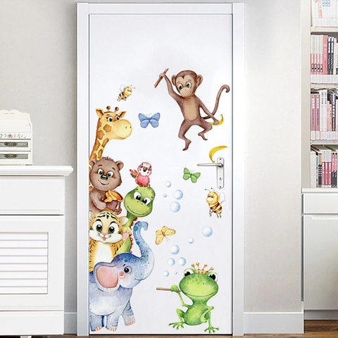Cartoon Dieren Aquarel Muurstickers Voor Kinderkamer Kinderdagverblijf Decor PVC Waterdicht Olifant Giraf Aap Muursticker
