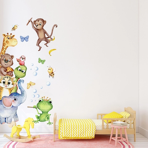 Cartoon Dieren Aquarel Muurstickers Voor Kinderkamer Kinderdagverblijf Decor PVC Waterdicht Olifant Giraf Aap Muursticker