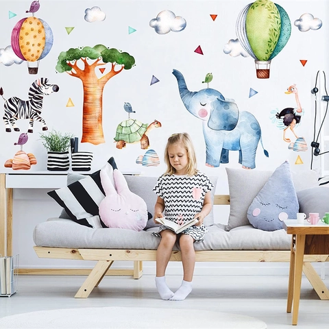 Aquarel Cartoon Dier Muurstickers Olifant Zebra Luchtballon PVC Sticker Voor Kinderkamer Slaapkamer Kamer Decoratie
