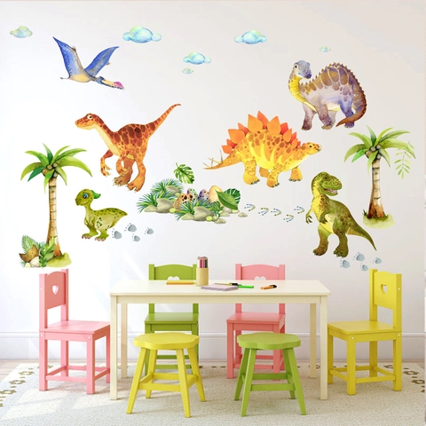 Watercolor Cartoon Dinosaur Footprint Wall Stickers PVC Removable Waterproof Mural For Kids Room Nursery Home Decorative Mural