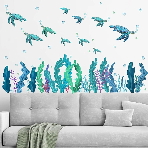 Ozeanwelt Meeresschildkröte Seegras Blasen Wandtattoos Wasserdicht PVC Marine Wandaufkleber Für Kinderzimmer Deko
