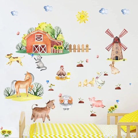 Pegatinas Pared Animales Granja Acuarela Para Habitación Niños Decoración PVC Removible Granero Molino Tractor DIY Vinilos