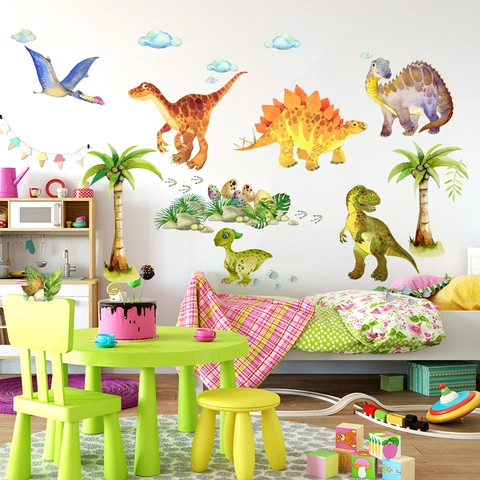 Watercolor Cartoon Dinosaur Footprint Wall Stickers PVC Removable Waterproof Mural For Kids Room Nursery Home Decorative Mural