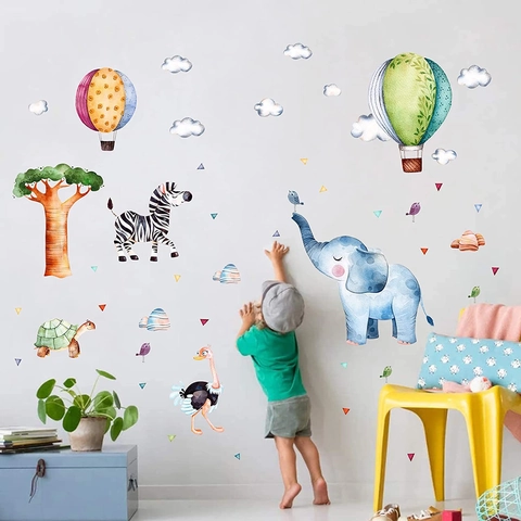 Aquarel Cartoon Dier Muurstickers Olifant Zebra Luchtballon PVC Sticker Voor Kinderkamer Slaapkamer Kamer Decoratie
