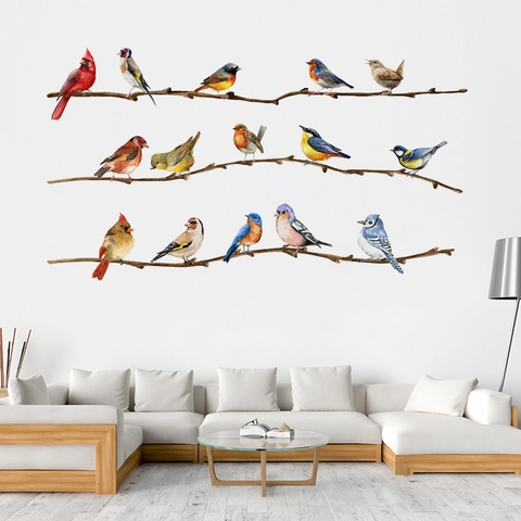 Adesivo Murale con Uccello e Ramo d'Albero ad Acquerello Decalcomania in PVC Impermeabile per Soggiorno Camera da Letto Casa