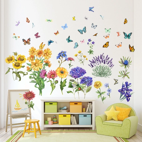 Aquarell Sonnenblume Schmetterling Lavendel Wandaufkleber Wasserdicht PVC Abnehmbare Blume Wandbild Für Wohnzimmer Schlafzimmer Deko