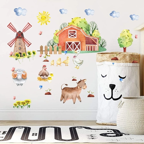 Pegatinas Pared Animales Granja Acuarela Para Habitación Niños Decoración PVC Removible Granero Molino Tractor DIY Vinilos