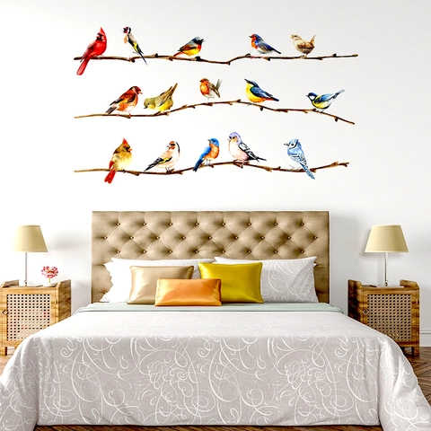 Adesivo Murale con Uccello e Ramo d'Albero ad Acquerello Decalcomania in PVC Impermeabile per Soggiorno Camera da Letto Casa