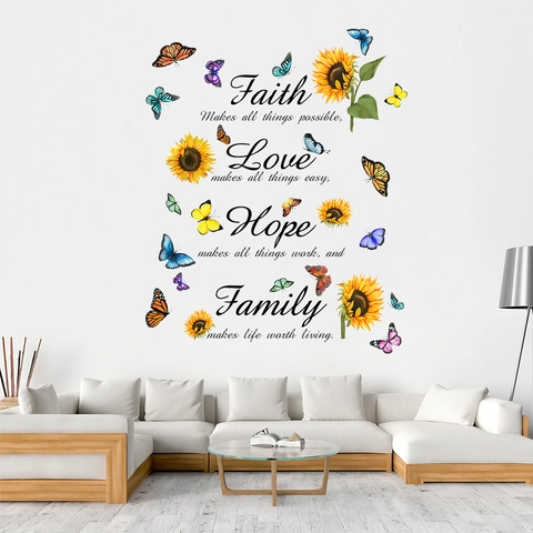 Sonnenblume Schmetterling Wandaufkleber Familie Glaube Hoffnung Liebe Inspirierende Zitate PVC Wasserdichte Deko