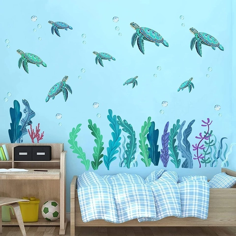 Ozeanwelt Meeresschildkröte Seegras Blasen Wandtattoos Wasserdicht PVC Marine Wandaufkleber Für Kinderzimmer Deko