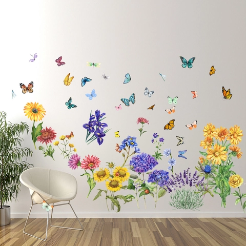 Aquarell Sonnenblume Schmetterling Lavendel Wandaufkleber Wasserdicht PVC Abnehmbare Blume Wandbild Für Wohnzimmer Schlafzimmer Deko