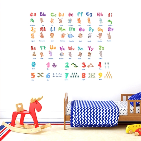 Stickers Muraux Alphabet Animaux Aquarelle Et Chiffres PVC Éducatifs Décalcomanies Murales Pour Chambre d'Enfant Décoration