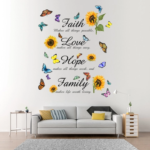 Sonnenblume Schmetterling Wandaufkleber Familie Glaube Hoffnung Liebe Inspirierende Zitate PVC Wasserdichte Deko