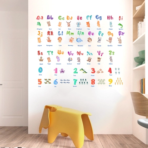 Stickers Muraux Alphabet Animaux Aquarelle Et Chiffres PVC Éducatifs Décalcomanies Murales Pour Chambre d'Enfant Décoration