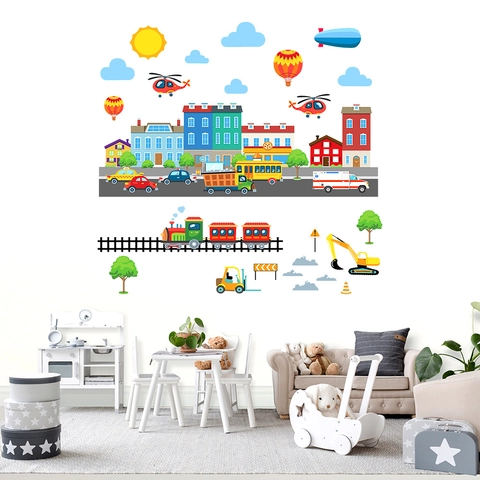 Cartoon Stad Verkeer Muurstickers Kinderkamer PVC Waterdicht Verwijderbaar DIY Kleuterschool Gebouw Voertuig Sticker