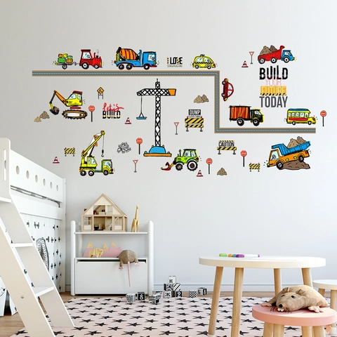 Pegatinas de Pared de Vehículos de Construcción de Dibujos Animados Excavadora Grúa Camión PVC Calcomanías para Habitación Niños