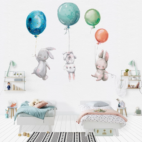 Watercolor Rabbit Balloon Wall Stickers For Kids Room Nursery Decor Removable Waterproof PVC Cartoon Animal Home Decor Wall Decals