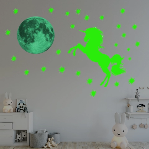 Glow In The Dark Wall Stickers Unicorn Moon Star Fluorescent PVC Waterproof Luminous Decals For Kids Bedroom Ceiling Decor