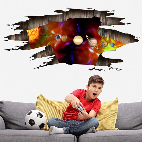 3D Broken Wall Solar System Planet Wall Sticker Universe Space Mural PVC Waterproof Decal For Kids Room Living Room Decor