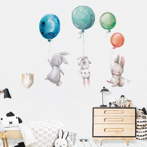 Watercolor Rabbit Balloon Wall Stickers For Kids Room Nursery Decor Removable Waterproof PVC Cartoon Animal Home Decor Wall Decals