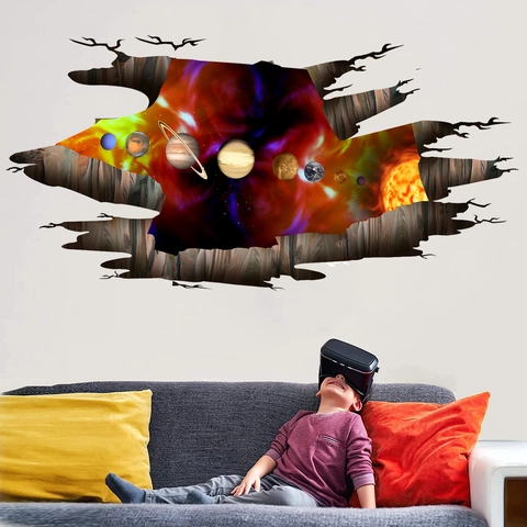 3D Broken Wall Solar System Planet Wall Sticker Universe Space Mural PVC Waterproof Decal For Kids Room Living Room Decor