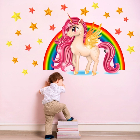 Adesivo da Parete Cartone Animato Unicorno Arcobaleno Stelle PVC Impermeabile DIY per Camera Bambini Soggiorno Decorazione Casa