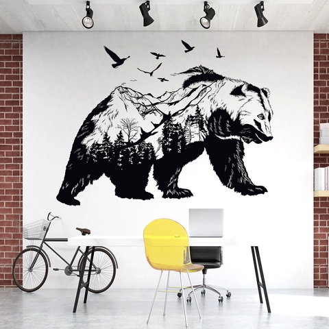 Creativo Adesivo da Parete Silhouette di Animale Nero Doppia Esposizione Paesaggio Forestale PVC Decalcomania Decorativa per Soggiorno Camera da Letto Casa