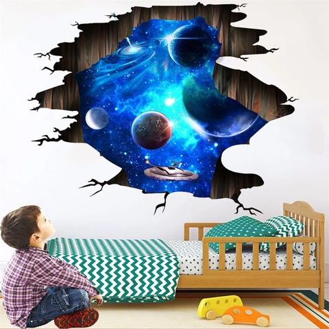 3D Weltraum Broken Wall Aufkleber Kreative Galaxie Planet Sternenhimmel Raumschiff Wandtattoo Wasserdicht PVC Deko Für Kinderzimmer