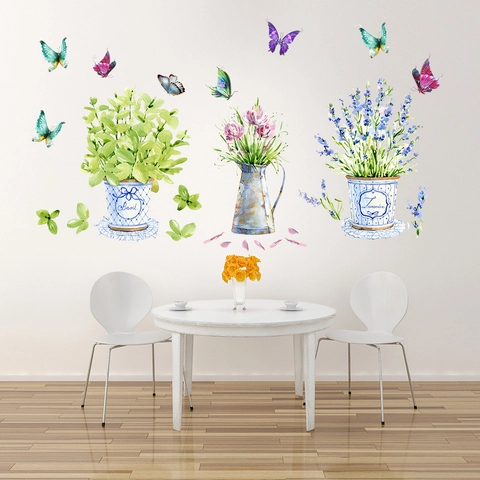 Adesivi Murali Acquerello Piante in Vaso Fiori Farfalla Impermeabile PVC Basilico Lavanda Decalcomanie Murali Decorazione Casa