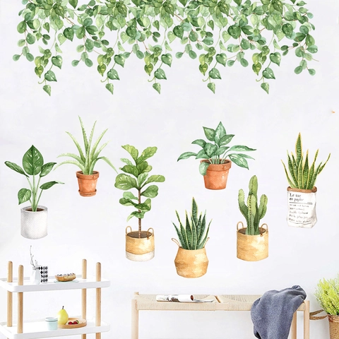 Watercolor Potted Plants Wall Stickers PVC Waterproof Botanical Vine Leaf Wall Decals For Living Room Bedroom Home Decor
