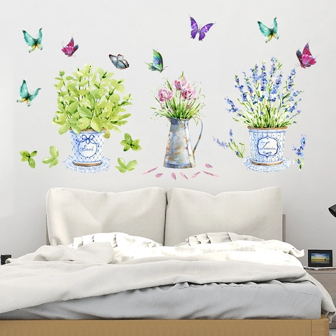 Adesivi Murali Acquerello Piante in Vaso Fiori Farfalla Impermeabile PVC Basilico Lavanda Decalcomanie Murali Decorazione Casa