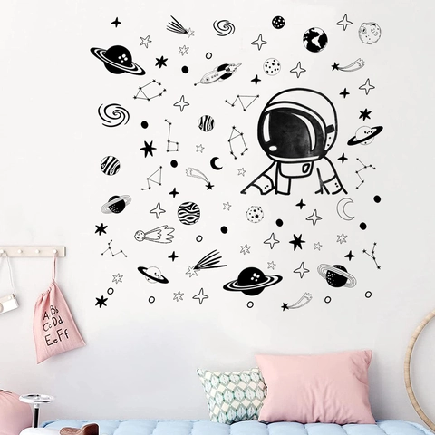 Astronaut Weltraum Thema Wandtattoo Für Kinderzimmer Dekor Wasserdicht PVC Schwarz Handgezeichnet Planeten Sterne Wandaufkleber
