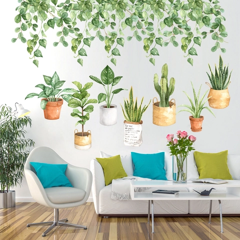 Watercolor Potted Plants Wall Stickers PVC Waterproof Botanical Vine Leaf Wall Decals For Living Room Bedroom Home Decor