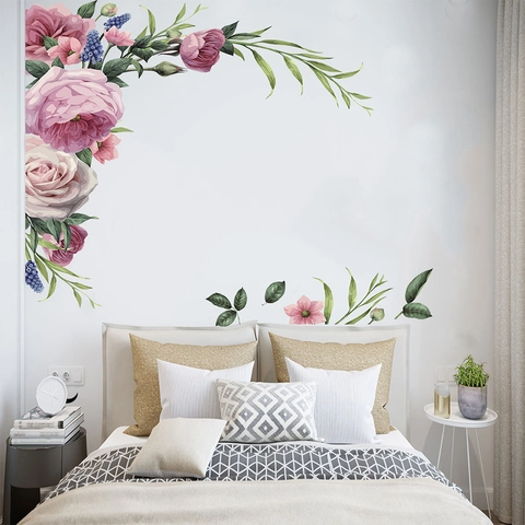 Sticker Mural Fleurs Pivoine Rose Aquarelle PVC Imperméable Amovible Auto-adhésif Décoration Murale pour Chambre à Coucher