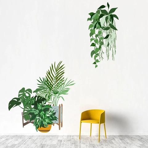 Modern Minimalist PVC Green Leaves Potted Plant Wall Sticker Monstera Palm Leaf Waterproof Wall Decal For Living Room Home Decor