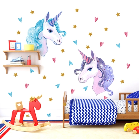 Hand-Painted Watercolor Unicorn Wall Stickers With Stars Hearts Cartoon PVC Decals For Kids Bedroom Nursery Decor Wall Art
