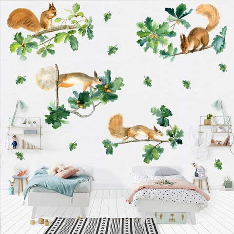 Watercolor Squirrel Oak Leaves Branch Wall Stickers PVC Waterproof Removable Forest Animal Decals For Kids Nursery Living Room Home Decor