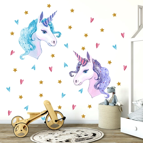 Hand-Painted Watercolor Unicorn Wall Stickers With Stars Hearts Cartoon PVC Decals For Kids Bedroom Nursery Decor Wall Art