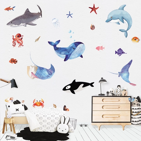 Aquarell Meereslebewesen Wandtattoo Kinderzimmer Hai Wal Oktopus Delphin Unterwasser PVC Wasserdicht Aufkleber Deko