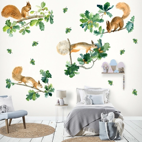 Watercolor Squirrel Oak Leaves Branch Wall Stickers PVC Waterproof Removable Forest Animal Decals For Kids Nursery Living Room Home Decor