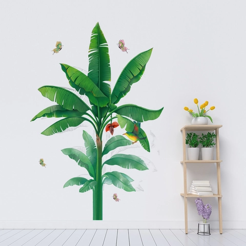 Tropische Bananenbaum Grüne Blätter Schmetterling Vogel Wandaufkleber Wasserdicht PVC Abnehmbares Wandbild Für Wohnzimmer Schlafzimmer Deko