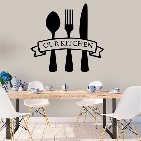 Modern Black Kitchen Wall Sticker Spoon Fork Knife Silhouette Removable PVC Vinyl Decal Our Kitchen Banner Home Decor