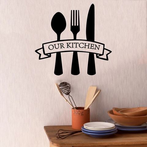 Modern Black Kitchen Wall Sticker Spoon Fork Knife Silhouette Removable PVC Vinyl Decal Our Kitchen Banner Home Decor