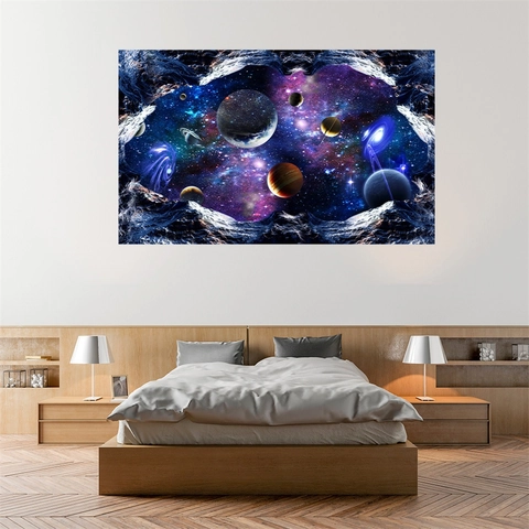 Sticker Mural 3D Créatif Ciel Étoilé Planète Mur Brisé Univers Espace Galaxie Mural en PVC Amovible pour Chambre d'Enfant Salon