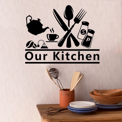 Our Kitchen Wall Decal Coffee Cup Knife Fork Spoon Removable Vinyl Wall Sticker For Kitchen Dining Room Restaurant Decor