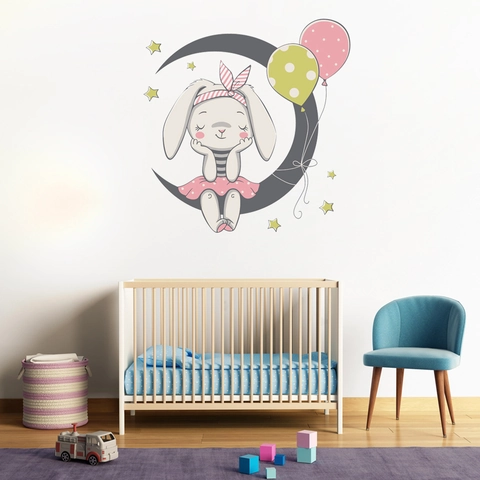 Cartoon Rabbit Moon Wall Sticker PVC Waterproof DIY Mural For Kids Room Nursery Bedroom Home Decor Cute Animal Star Decal