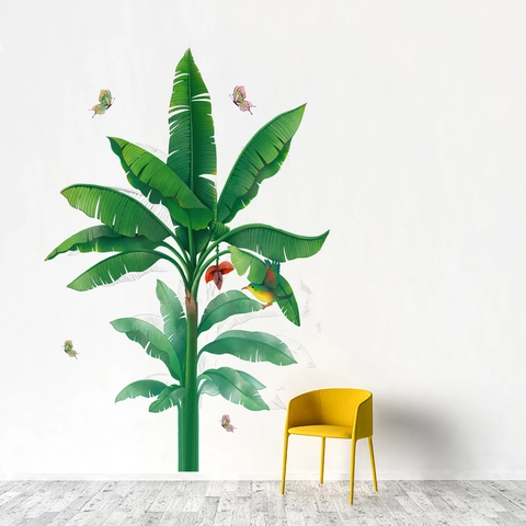 Tropische Bananenbaum Grüne Blätter Schmetterling Vogel Wandaufkleber Wasserdicht PVC Abnehmbares Wandbild Für Wohnzimmer Schlafzimmer Deko