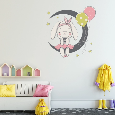 Cartoon Rabbit Moon Wall Sticker PVC Waterproof DIY Mural For Kids Room Nursery Bedroom Home Decor Cute Animal Star Decal