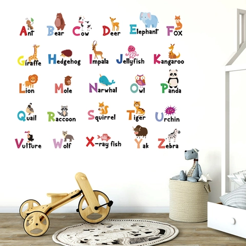 Forest Animal Alphabet Wall Stickers 26 Letters Kids Nursery Room Educational Decor PVC Removable Cartoon Wall Decals