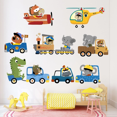 Cartoon Animal Transportation Wall Sticker For Kids Room Nursery Decor PVC Waterproof Plane Train Car Bear Elephant Decal
